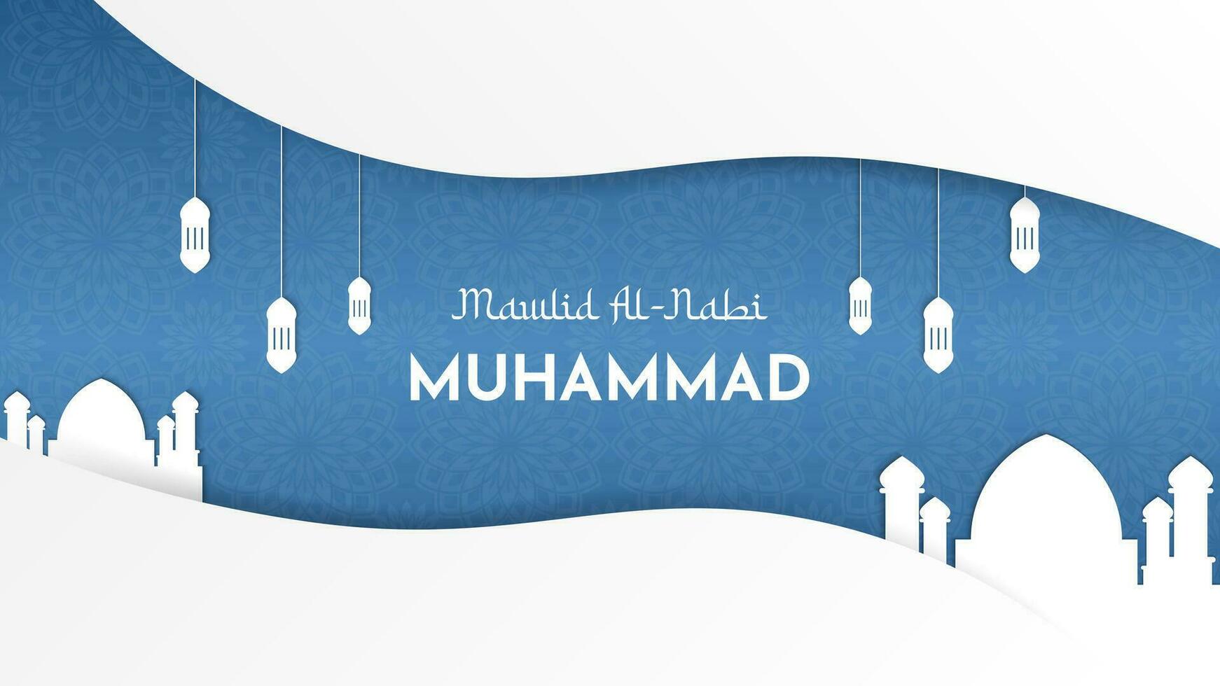 Minimal Islamic Mawlid Al-Nabi Muhammad Greeting Card with Mosques, Lanterns, and Floral Pattern Background in Paper Cut Style vector