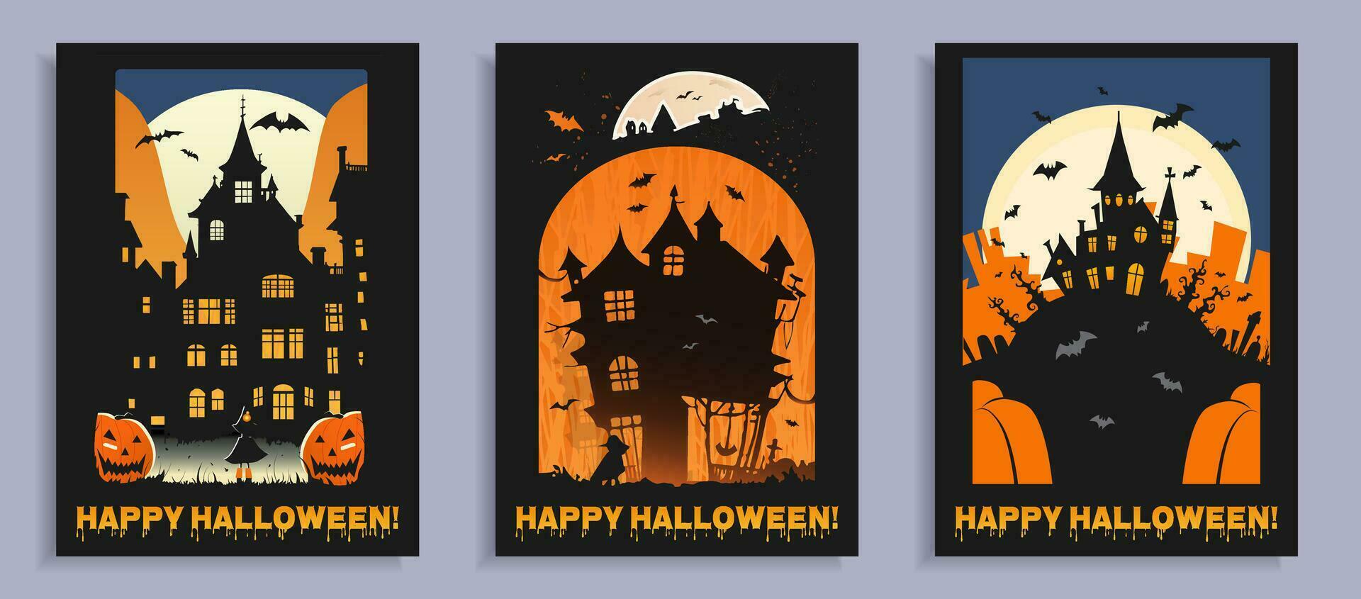 Halloween party posters, vector celebration banners, greeting, invitation with Halloween holiday with creepy house silhouette, witch, pumpkins, moon and bats around.