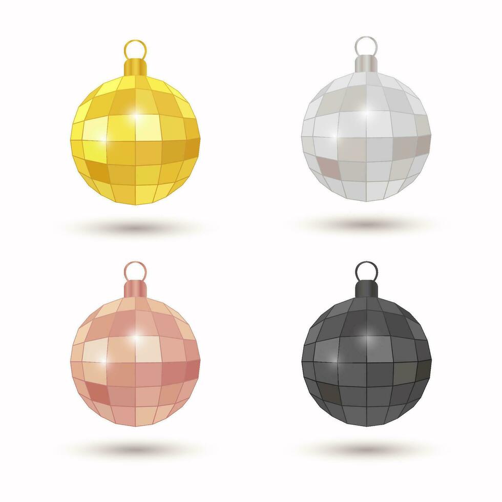 Christmas disco ball set, isolated with sparkles. Golden, silver, pink and black. Vector design.