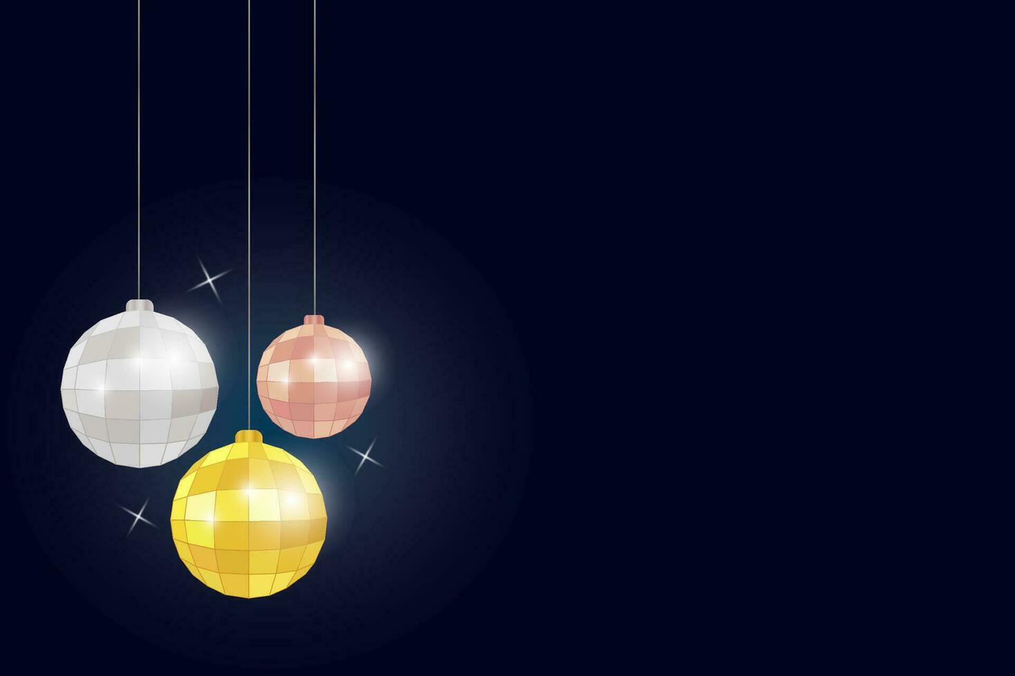 Christmas disco balls hanging on the string on the dark background with stars. Vector design.