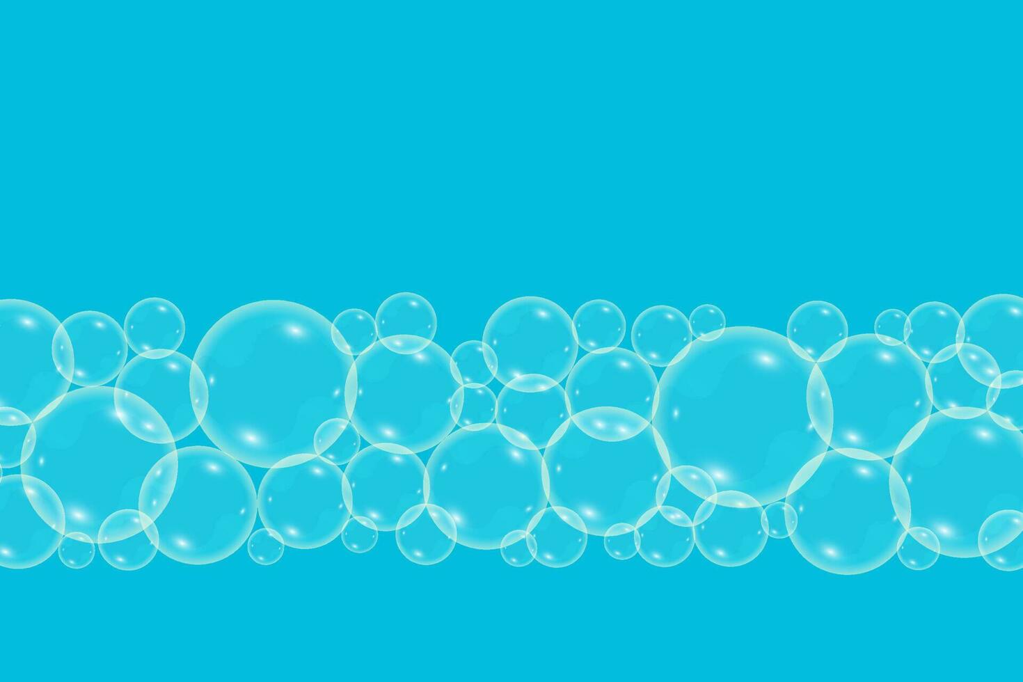 Soap bubbles on blue background.  Stripe of transparent bubbles. Vector design.