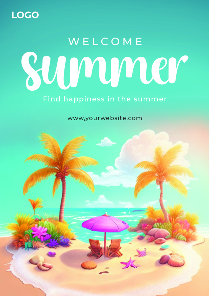 a poster for hello summer with a beach chair and a beach chair psd