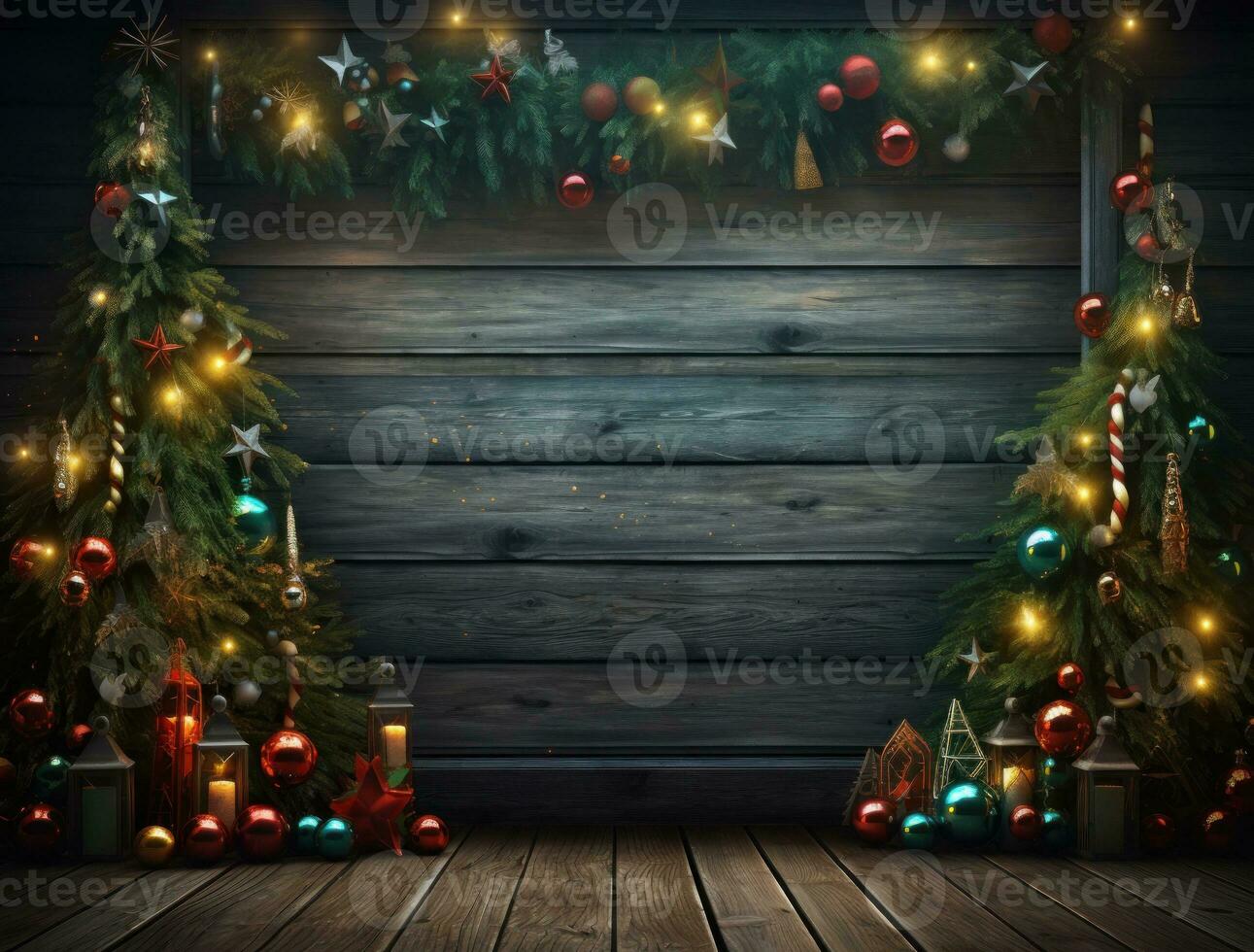 Wooden Christmas background with lights photo