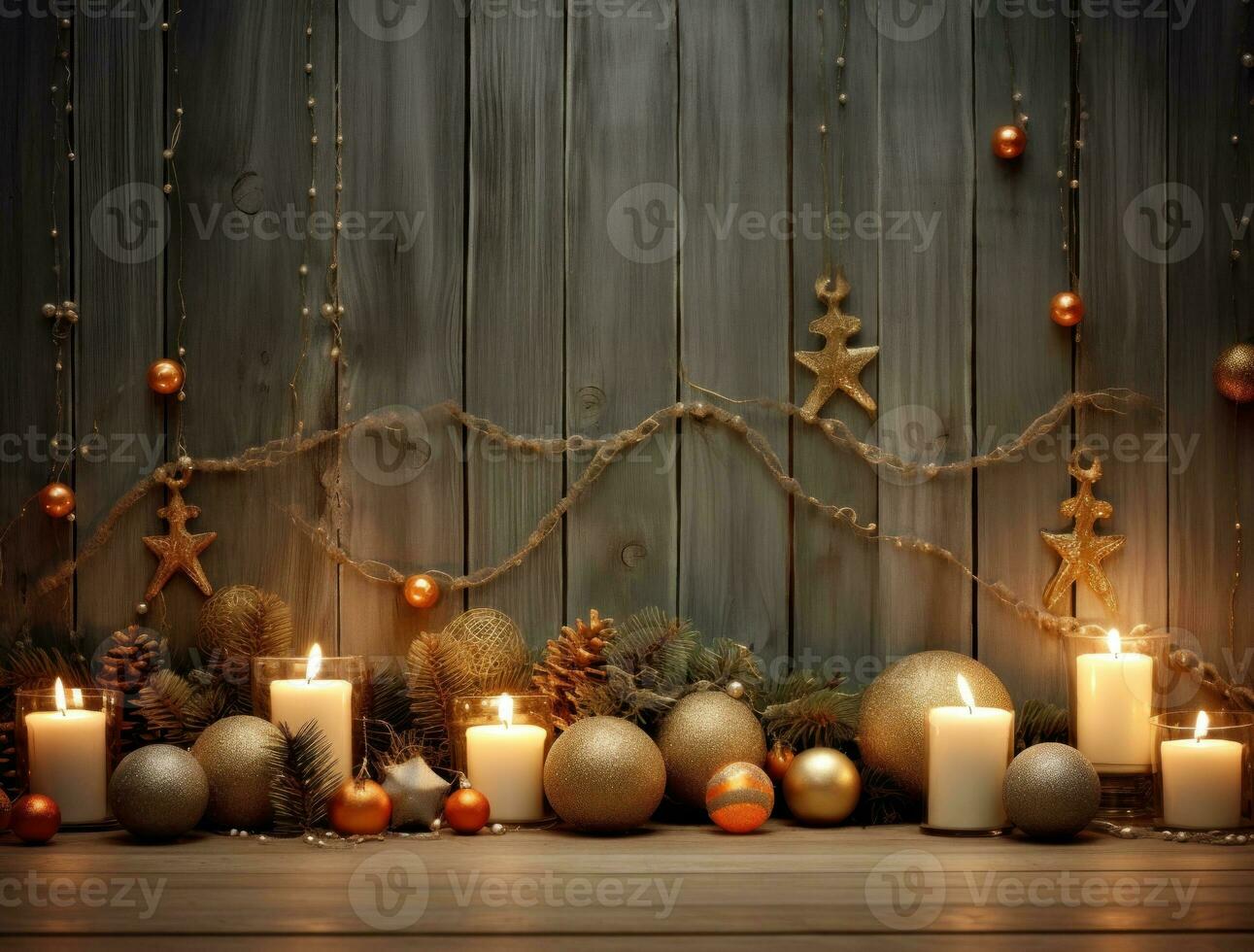 Wooden Christmas background with lights photo