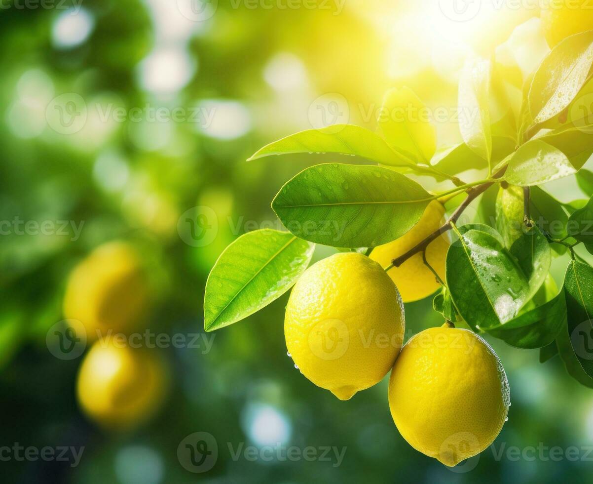 Green and yellow natural background with lemons photo