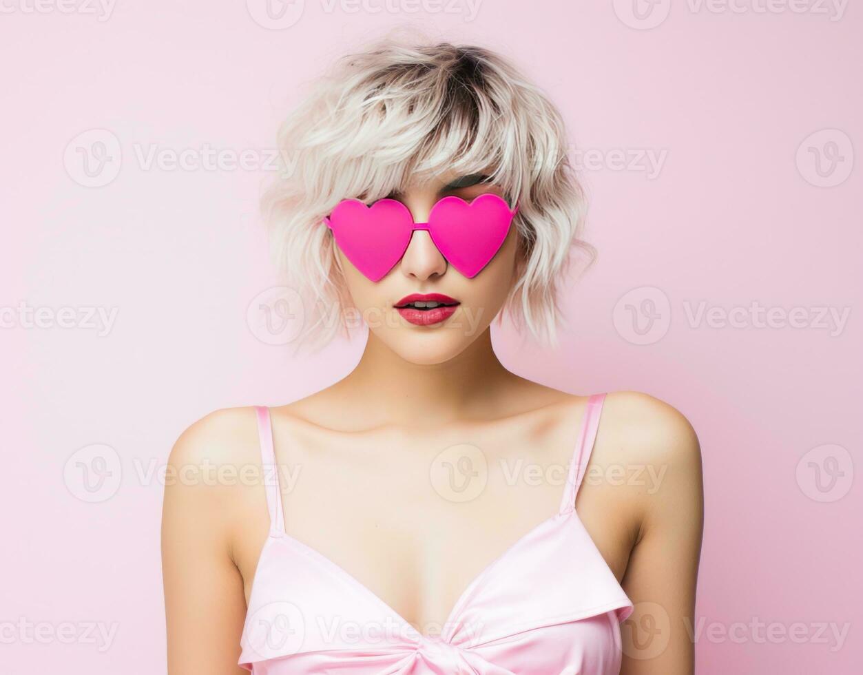 rubia niña en rosado lentes foto