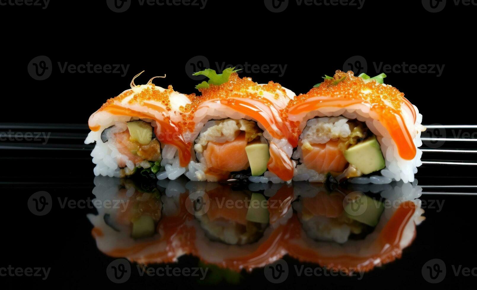 Sushi roll with chopsticks on dark background photo