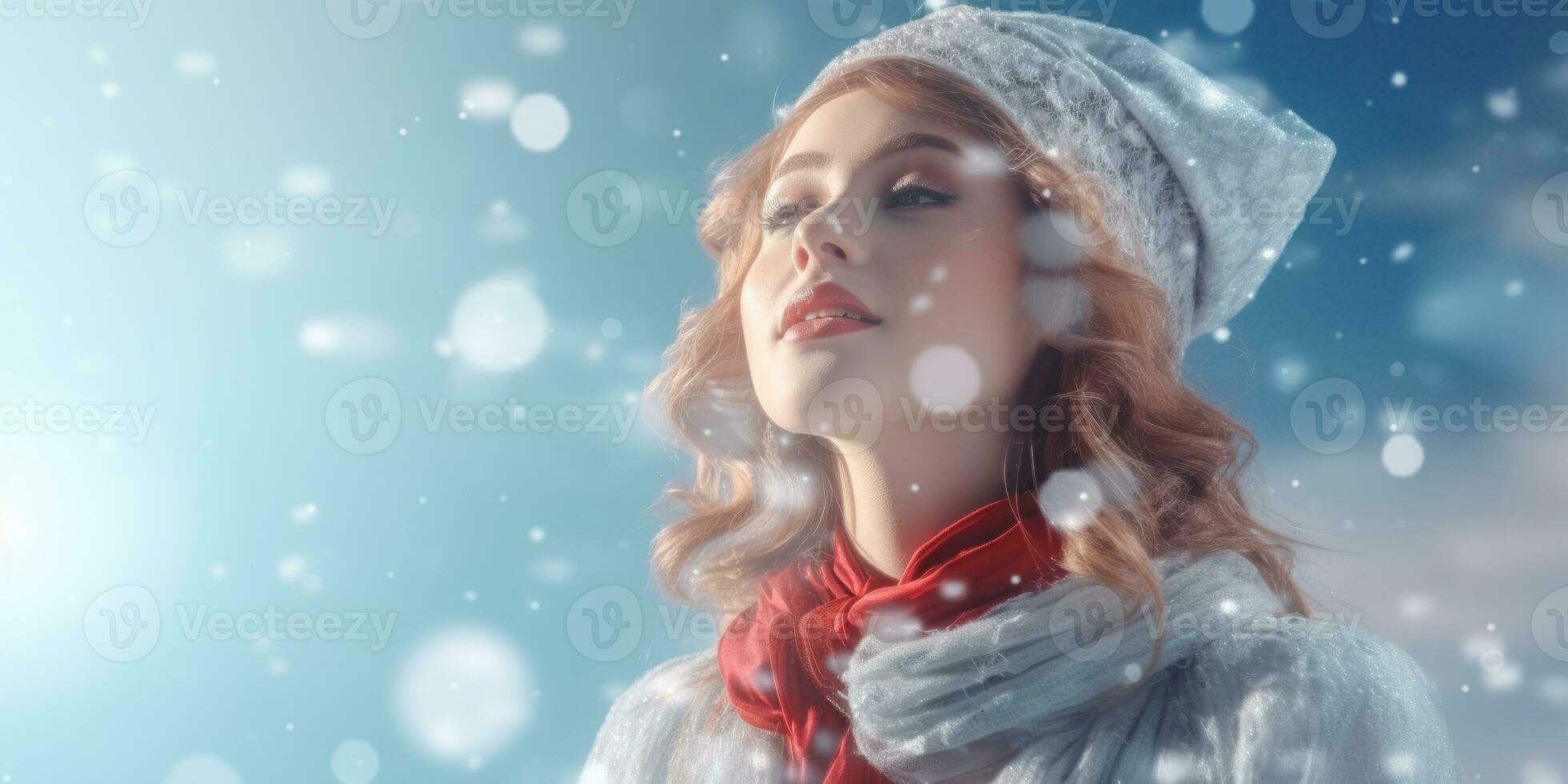 Winter background with beaufiful girl photo