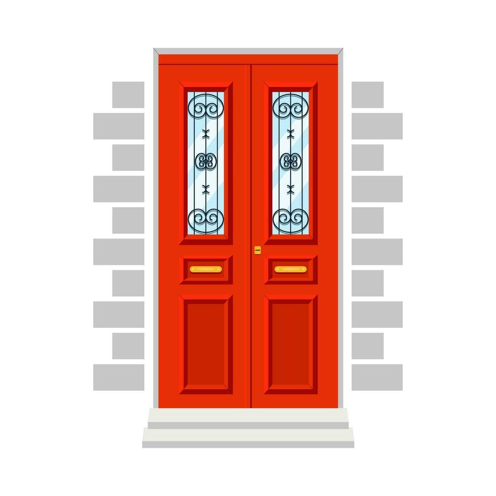 Clásico rojo frente puerta a casa. vector ilustración de Entrada puertas en plano estilo