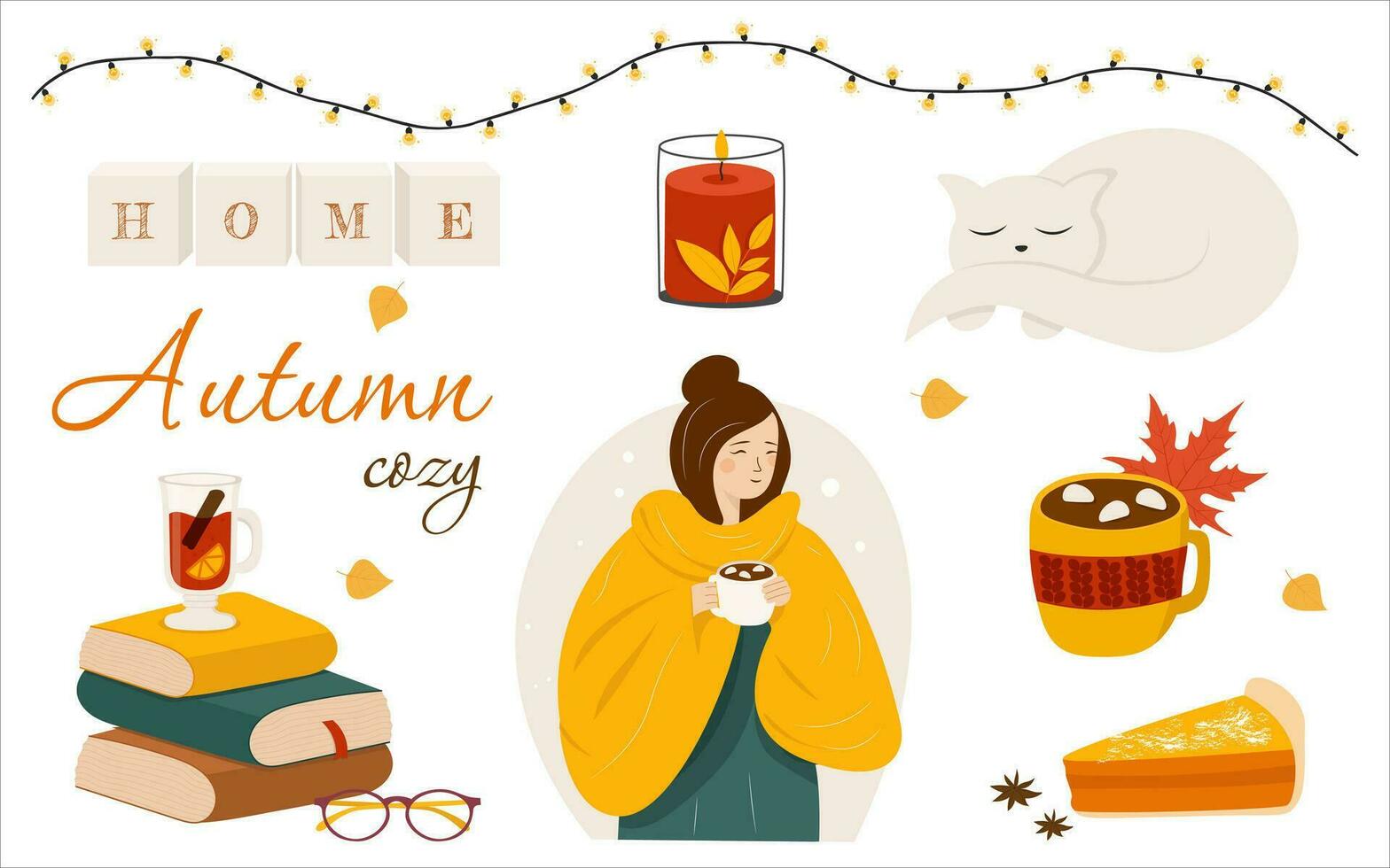 Cozy autumn illustration. Set of vector illustrations in cartoon style