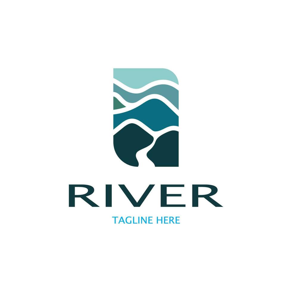 River logo, creeks, riverbanks and streams, with combination of mountains and farmland with vector concept design.