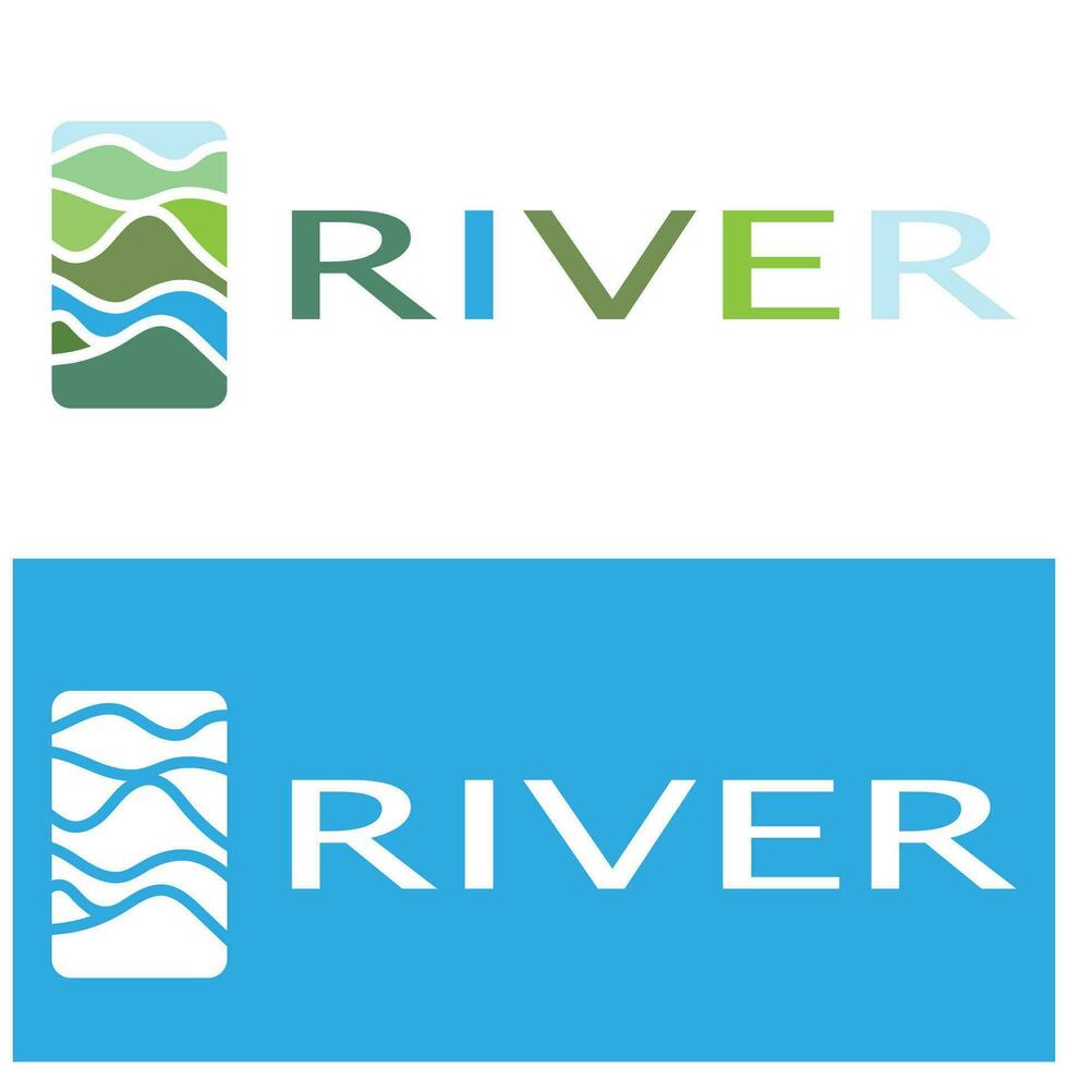 River logo, creeks, riverbanks and streams, with combination of mountains and farmland with vector concept design.