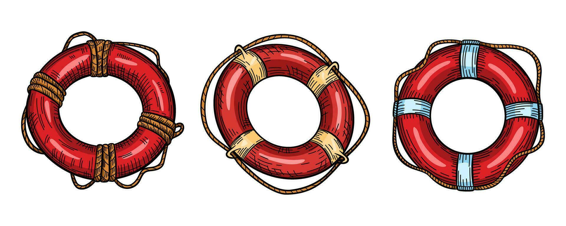 Set of colored lifebuoy with rope isolated sketch. Hand drawn life ring in engraving style collection. vector