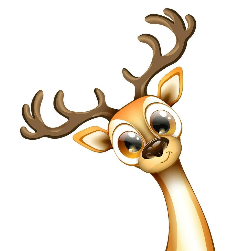 Cute funny cartoon smiling deer character closeup with horns vector