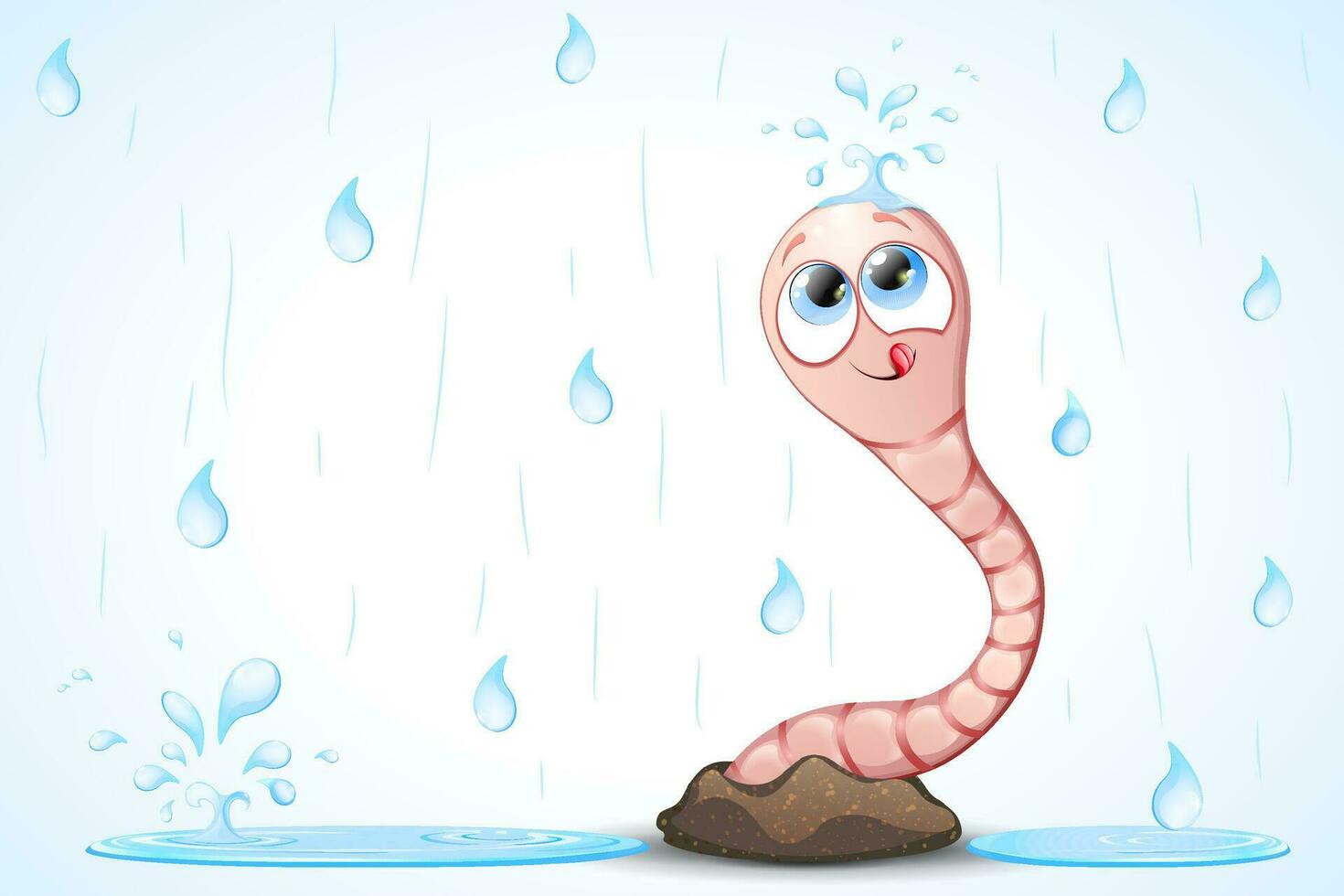 Cute cartoon funny worm peeking out of the ground under water drops. vector