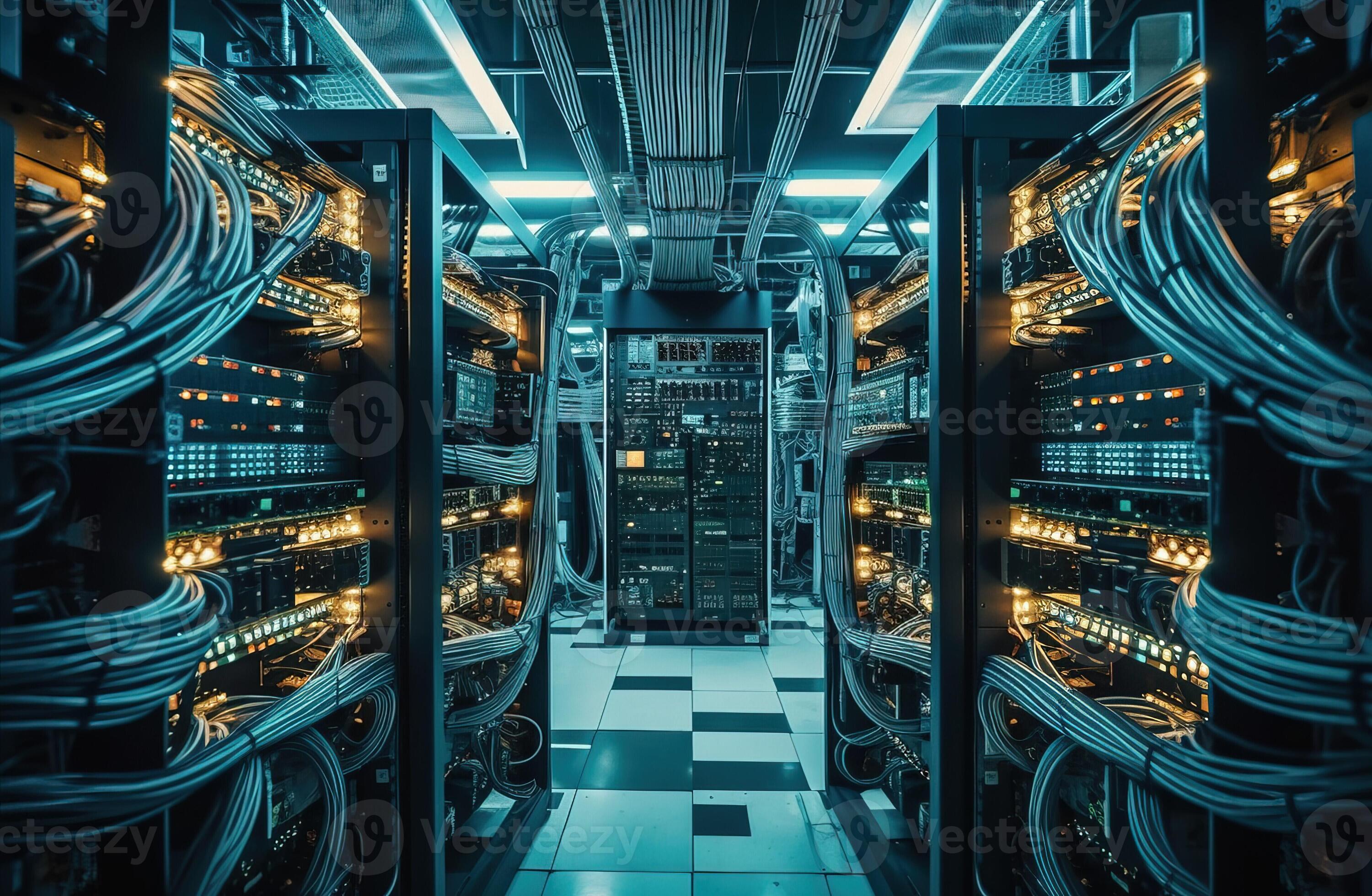 Computer terminal in a server room with complex network cables