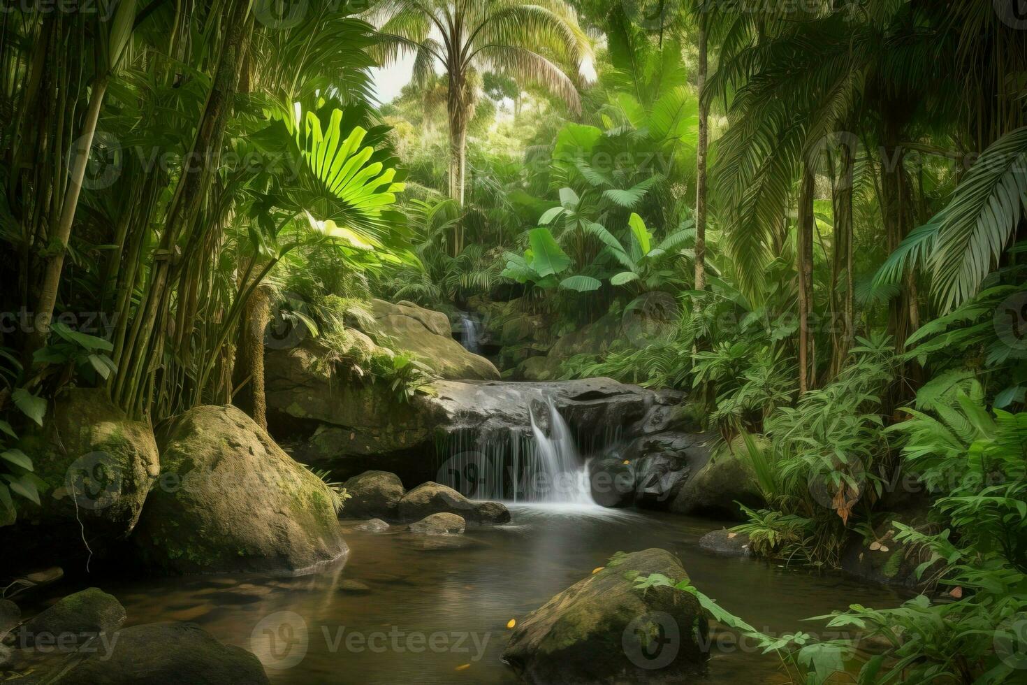 View of tropical rain forest showing waterfall generative AI photo