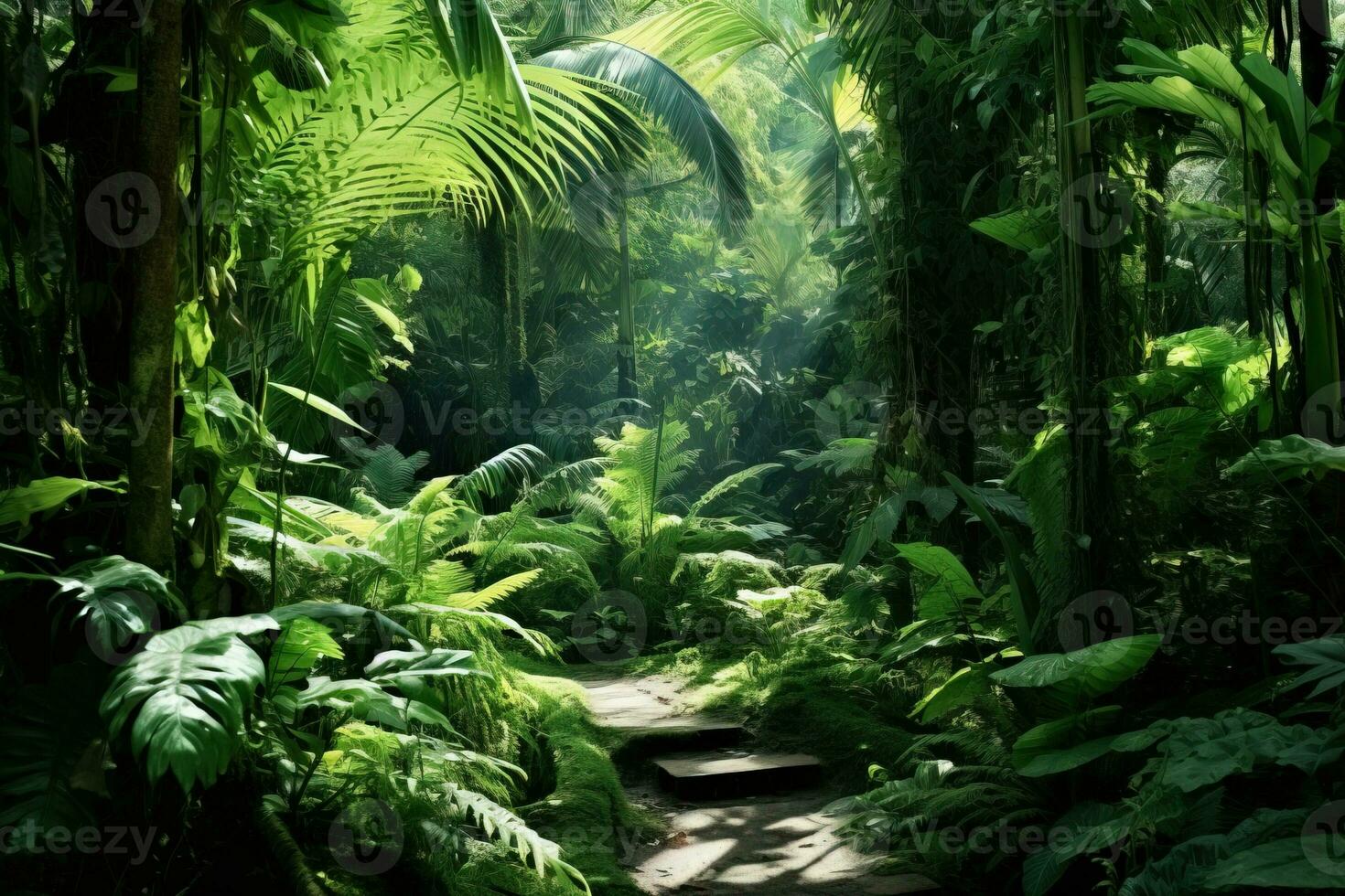 View of tropical rain forest with sunlight entering the forest generative AI photo
