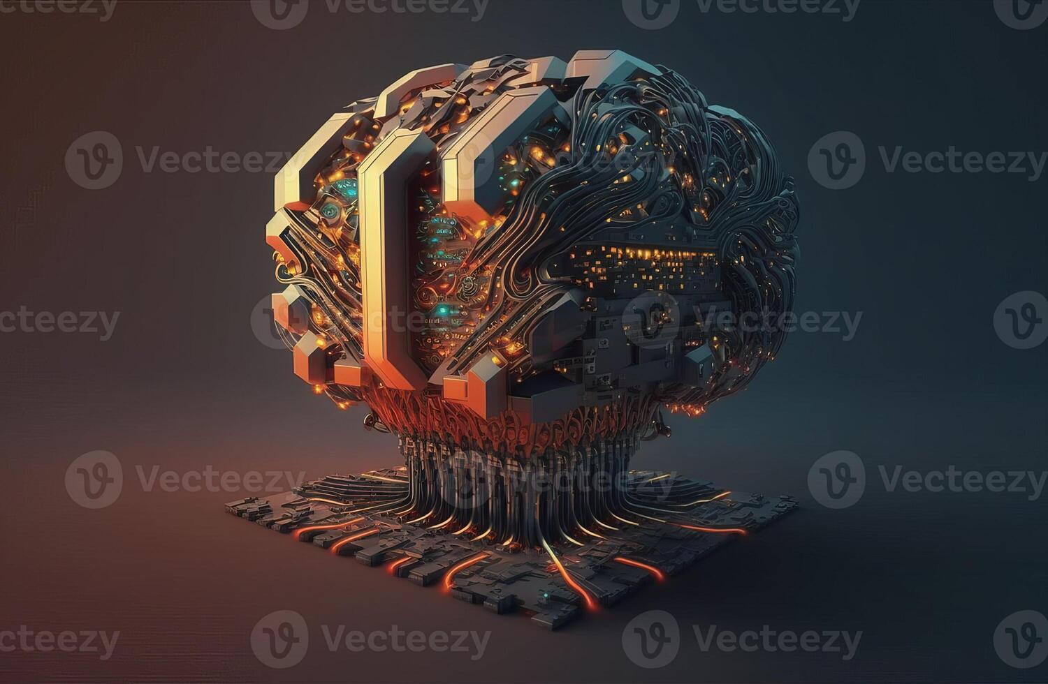 Futuristic circuit board connects of human brain board complex cyborg technology by photo