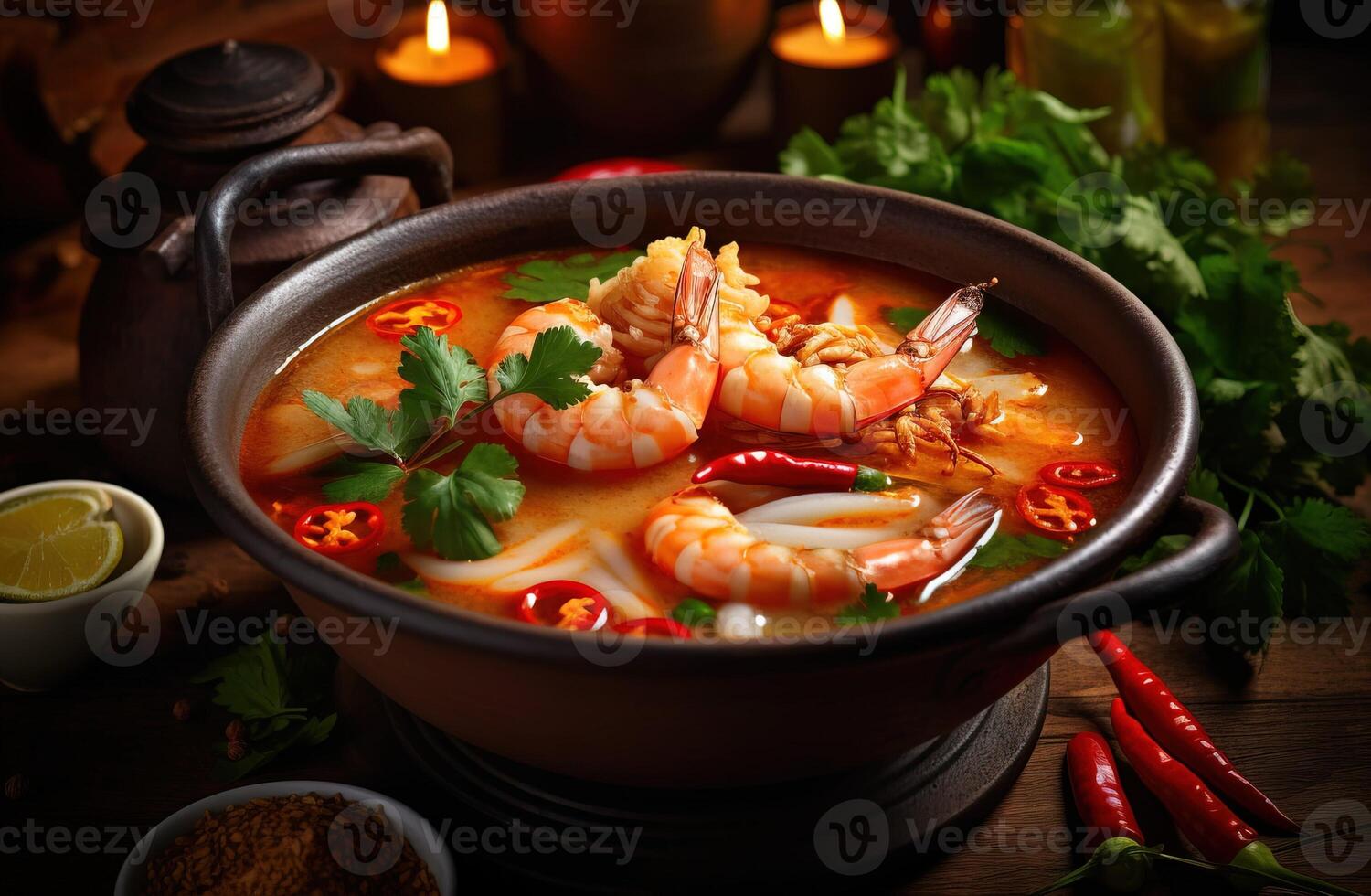 A plate of seafood and lemongrass flavored meal with prawn and vegetable generated by AI photo