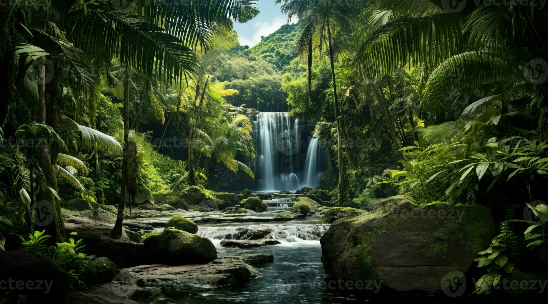 View of tropical rain forest showing waterfall generative AI photo