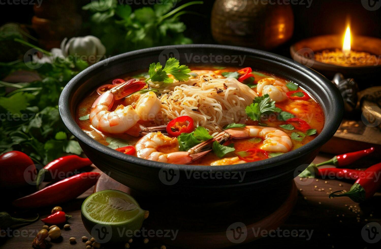 A plate of seafood and lemongrass flavored meal with prawn and vegetable generated by AI photo