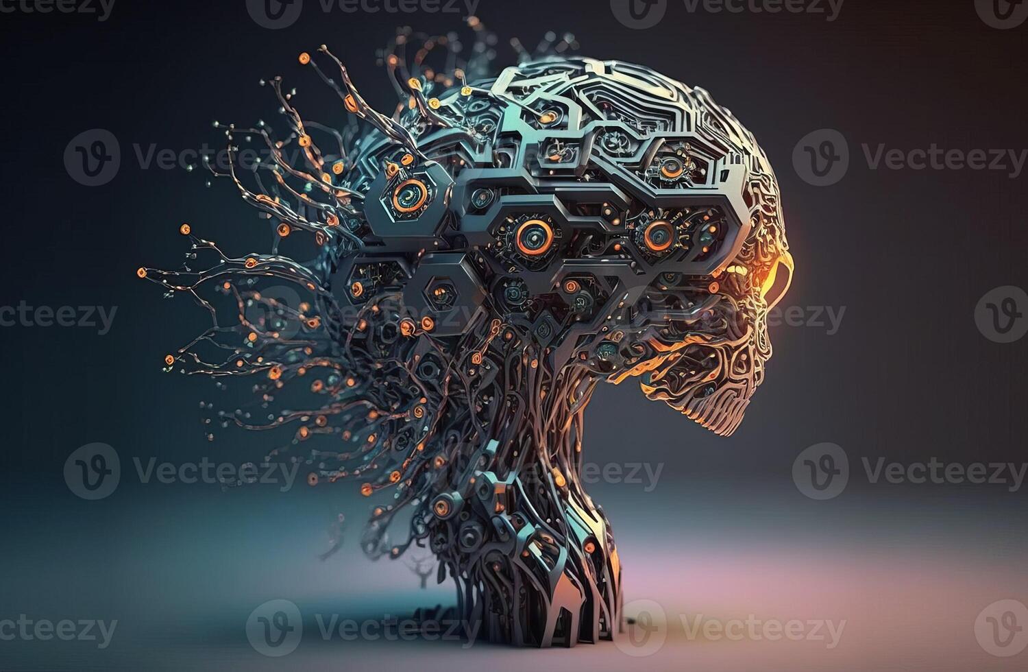 Futuristic skull with a bunch of plants and complex technology around of the head generated by AI photo