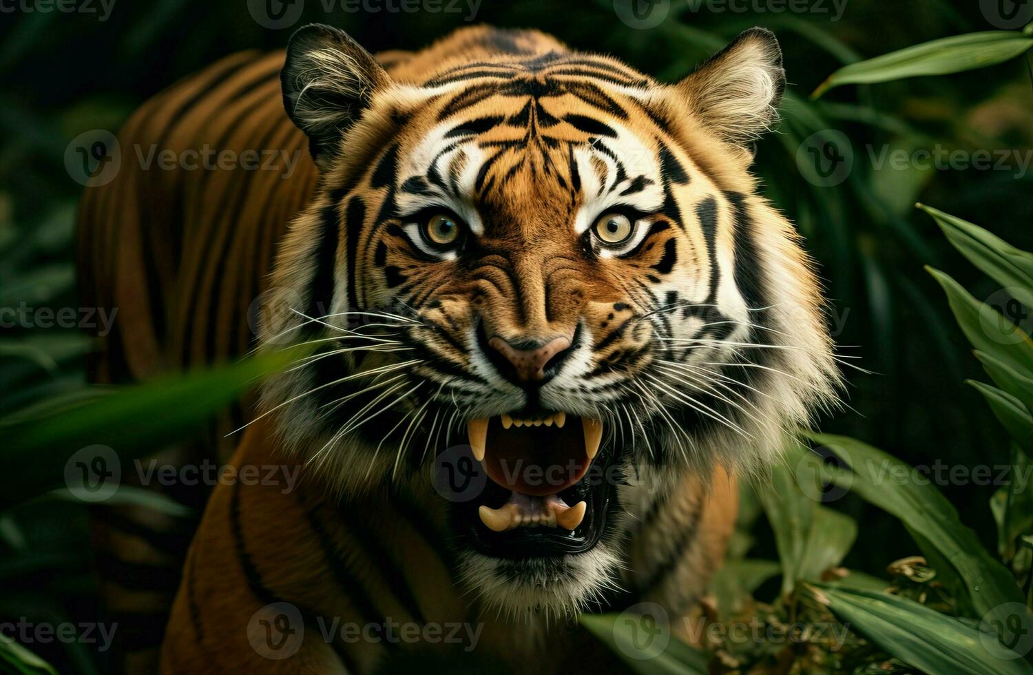 Tigre curioso peligro en tropical bosque generado por ai foto