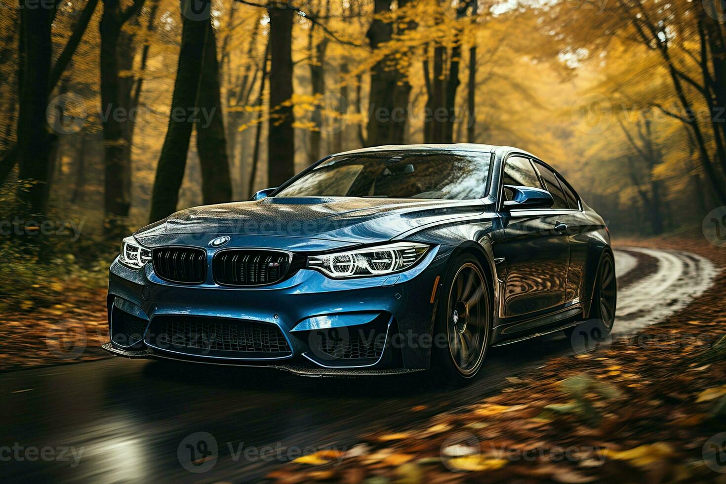 A racing blue sedan circling in the forest during autumn generated by AI photo