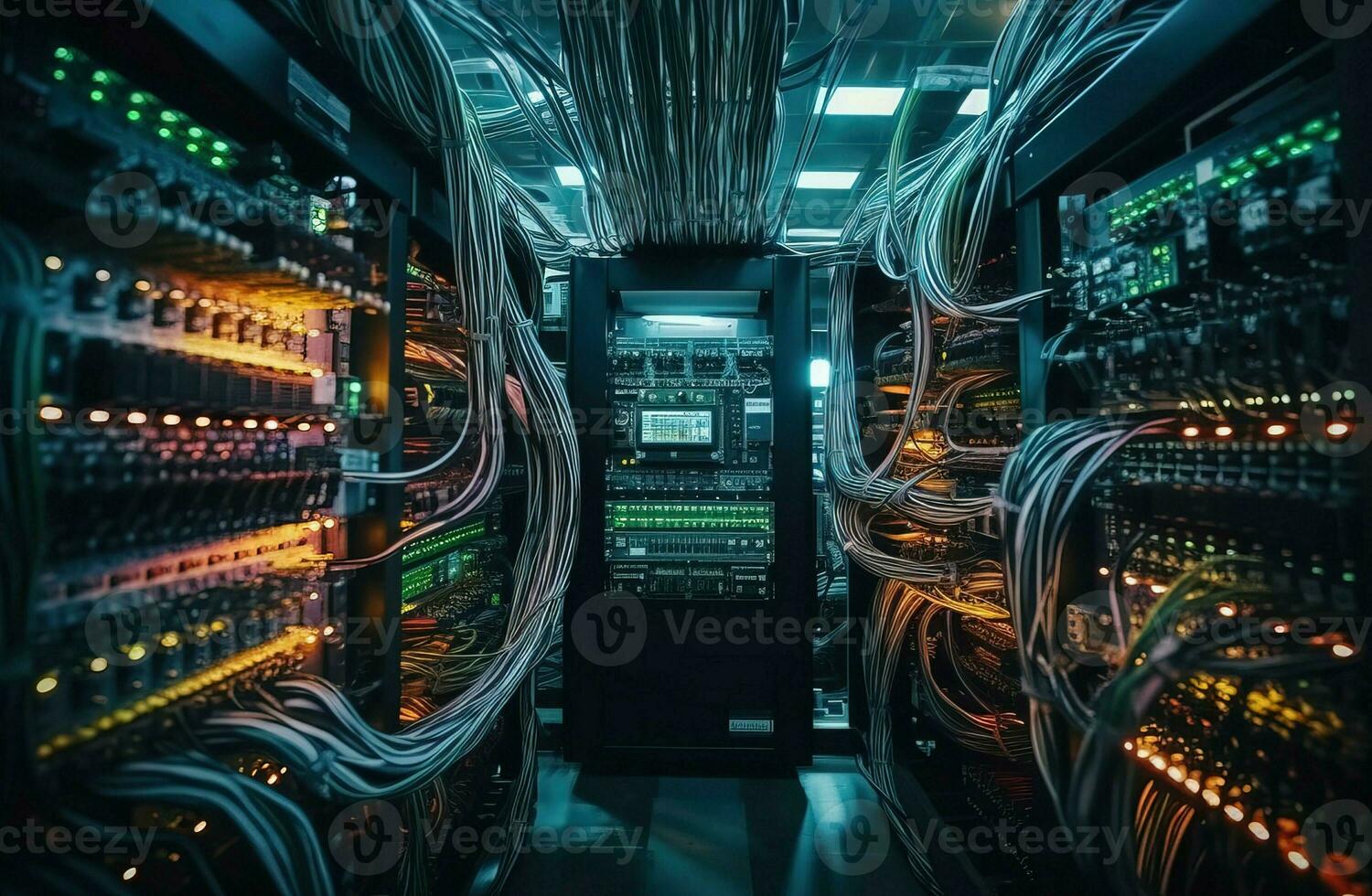 Computer terminal in a server room with complex network cables generated by AI photo