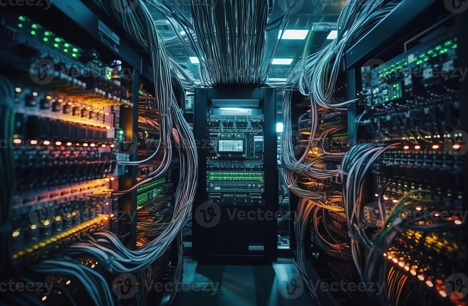 Computer terminal in a server room with complex network cables
