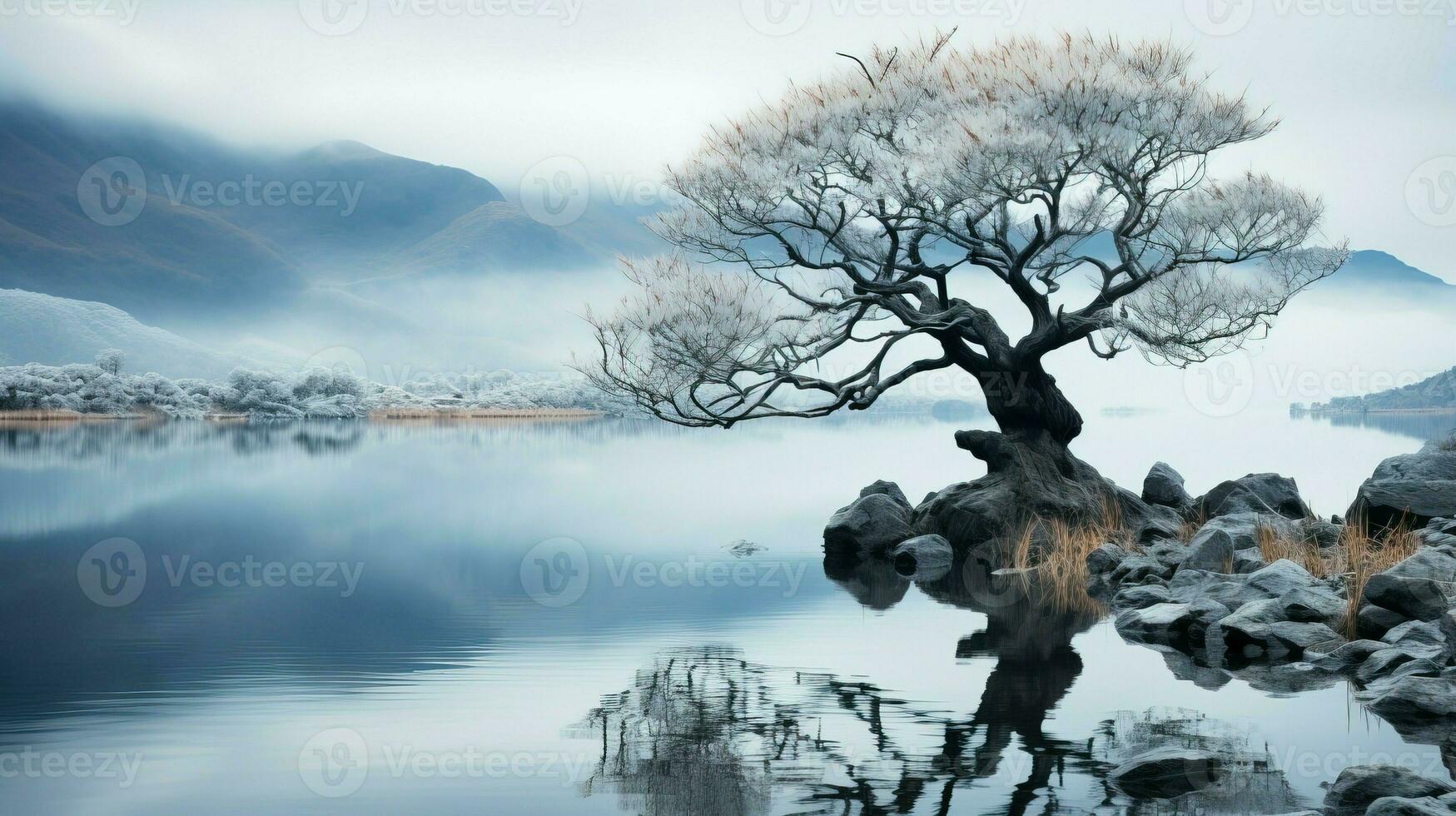 The willow tree is in the middle of a calm lake with a mountain view in the background photo