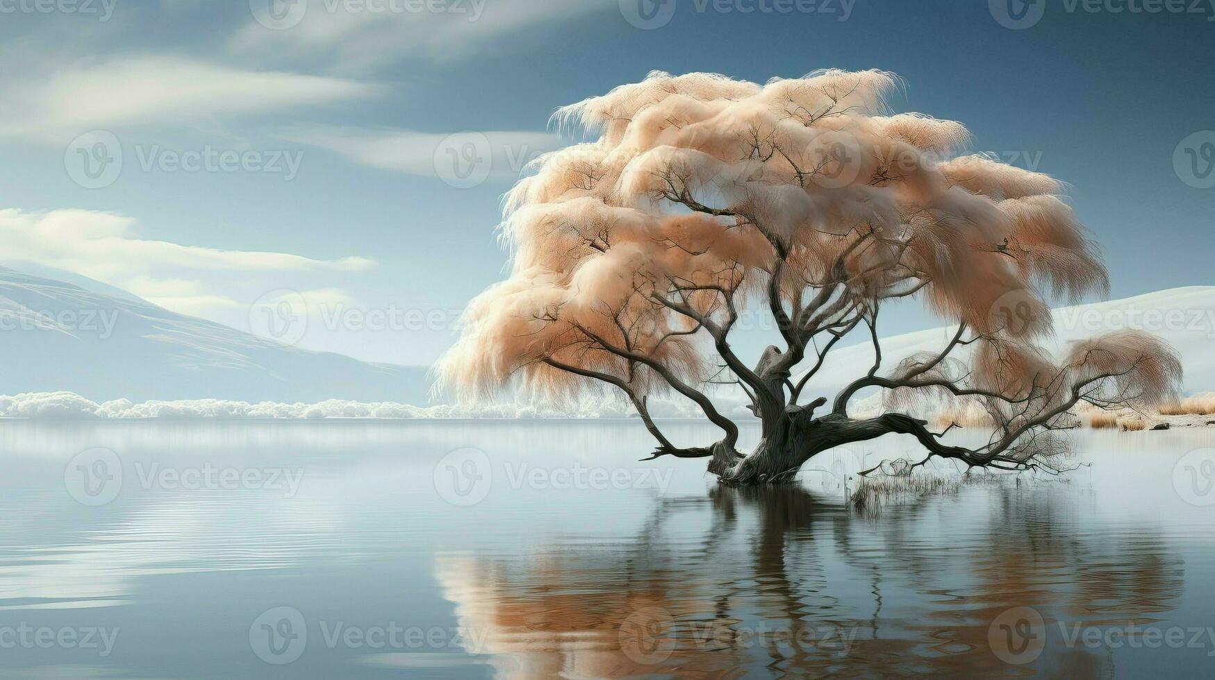 The willow tree is in the middle of a calm lake with a mountain view in the background photo