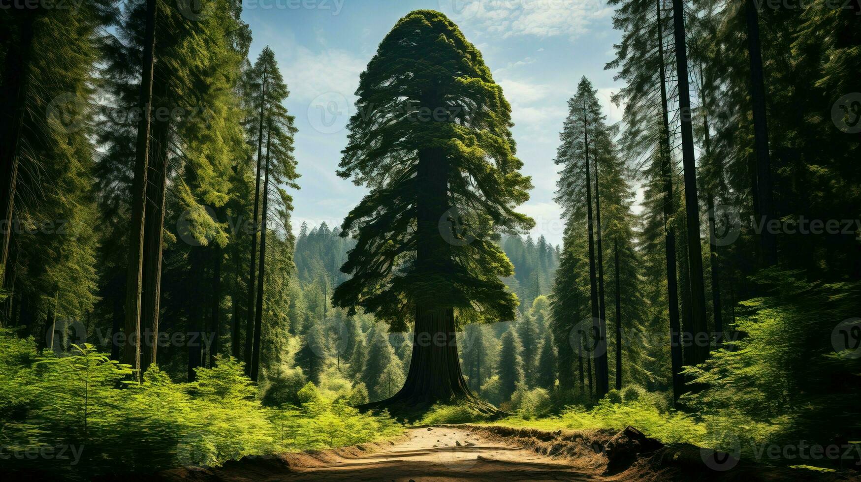 Towering sequoia trees in the middle of the forest with the sun shining through generated by AI photo