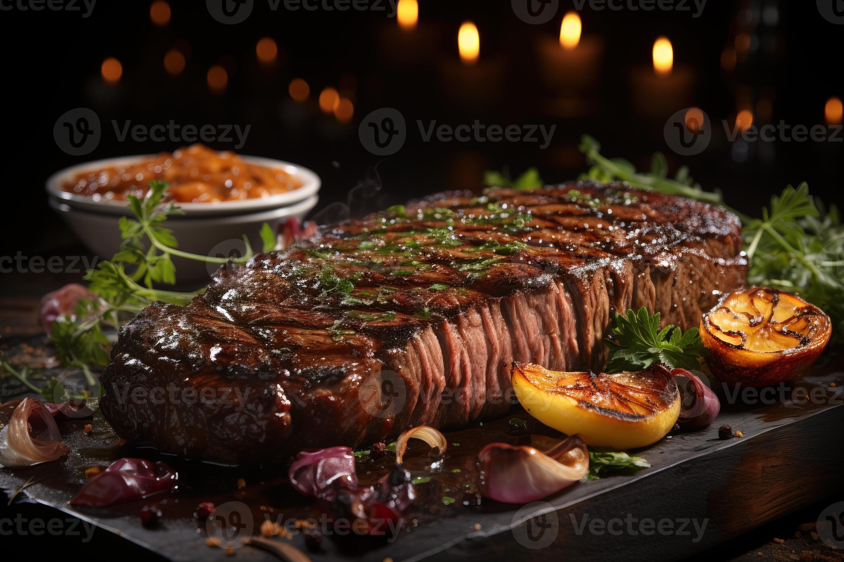 Delicious grilled steak on rustic wooden plate ready to eat generated