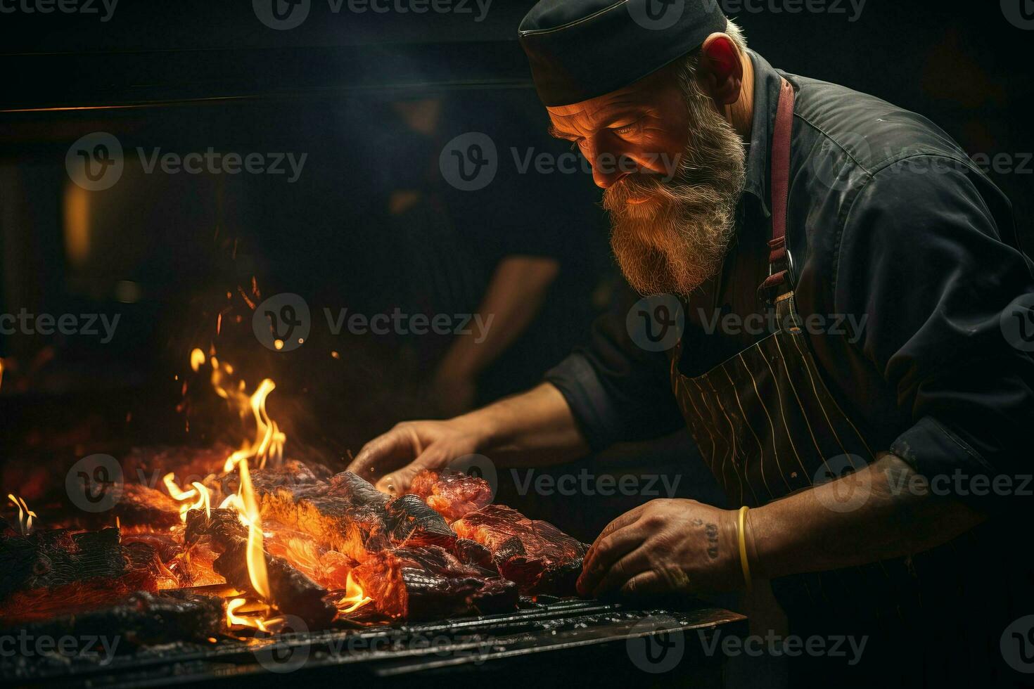 The chef is grilling the steak over medium heat generated by AI photo