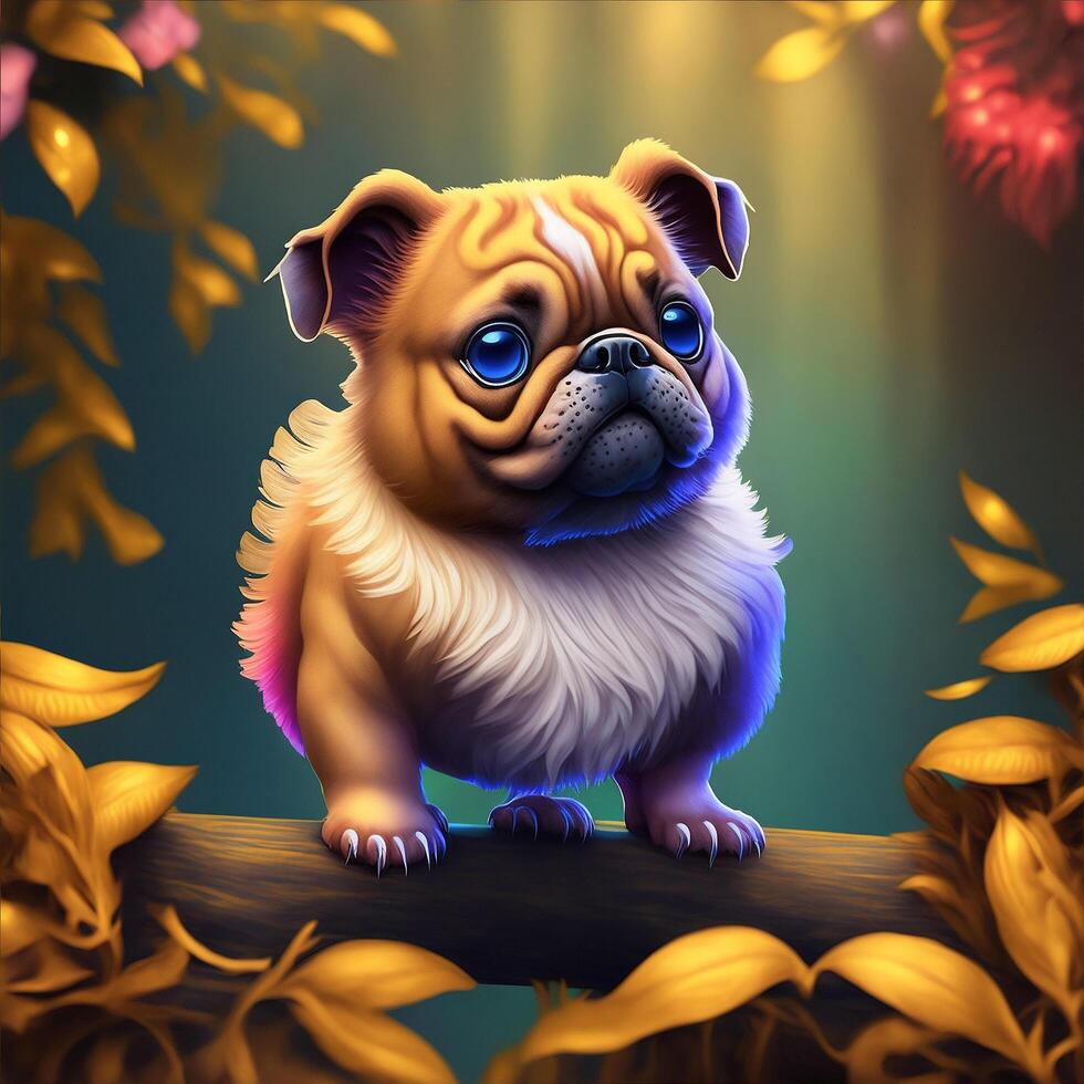 Cute Multicolor Bulldog Seating in the Forrest on a Tree Branch Illustration photo