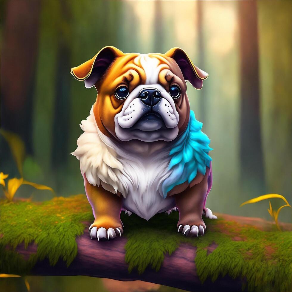 Cute Multicolor Bulldog Seating in the Forrest on a Tree Branch Illustration AI Generated photo