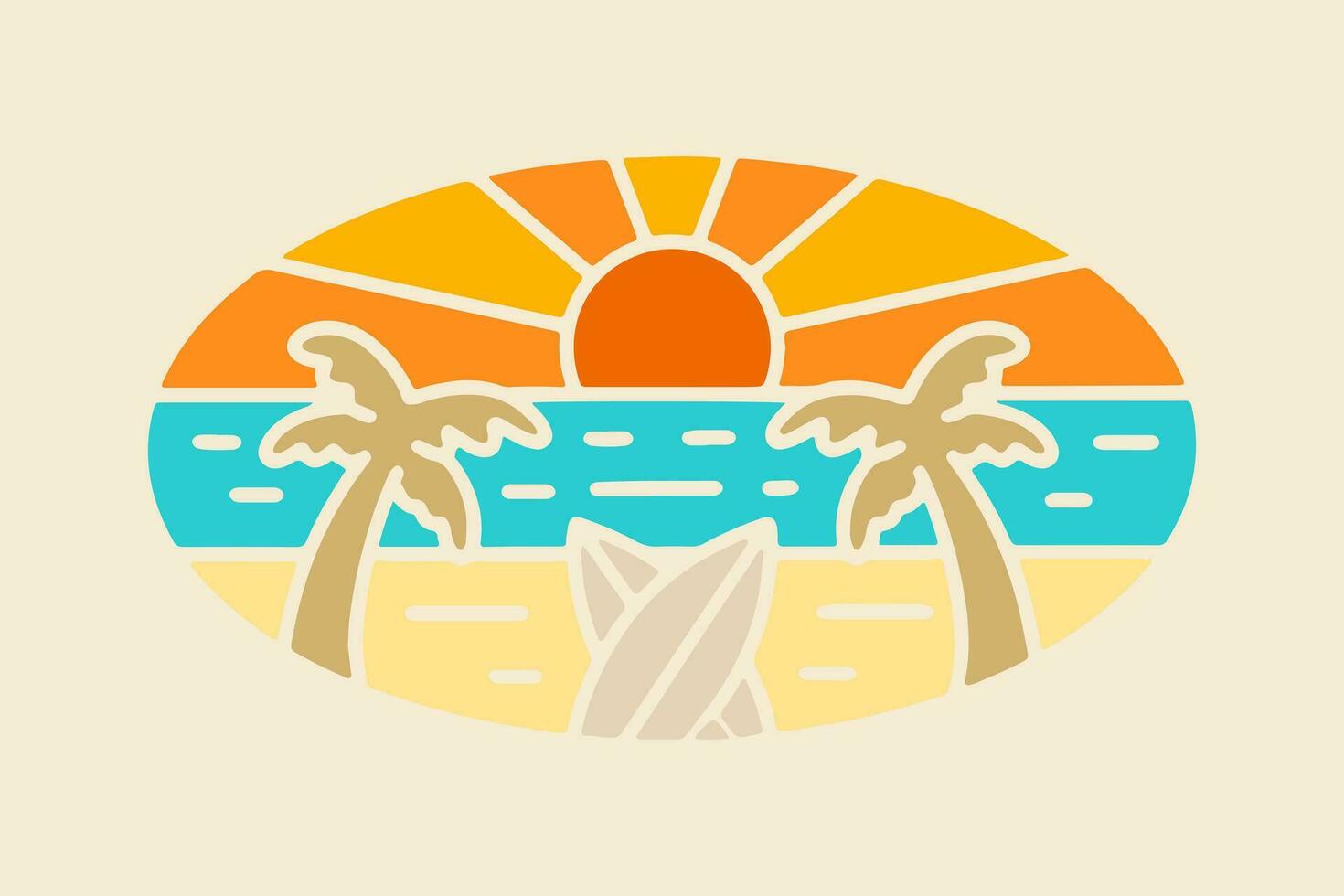 The sunset on the beach in mono line vector design for t-shirt, badge, and sticker vector illustration