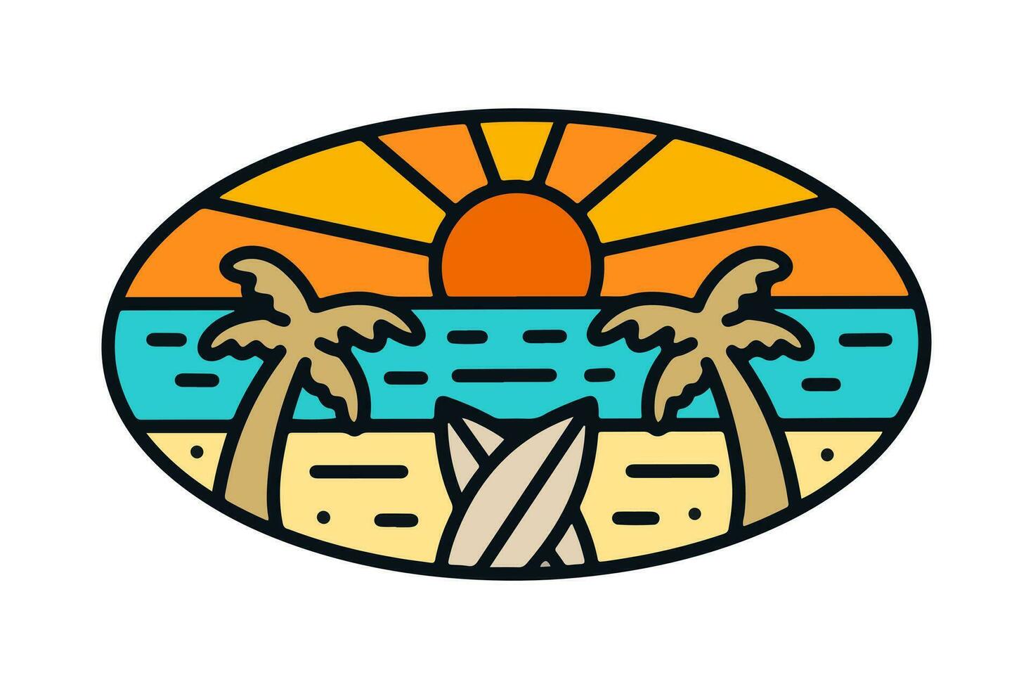 Twin of coconut tree and surfboard on the beach in mono line design for t-shirt, badge, and sticker vector illustration