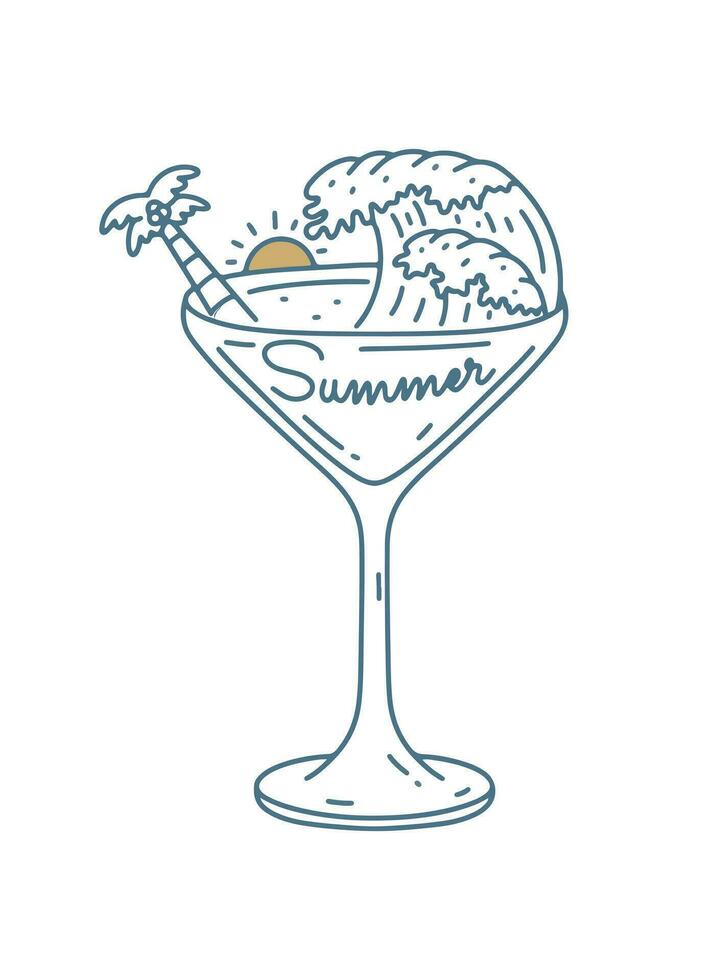 el ola y Coco árbol dentro de cóctel alto vaso. verano hora tema vector Arte. vector mono línea Arte