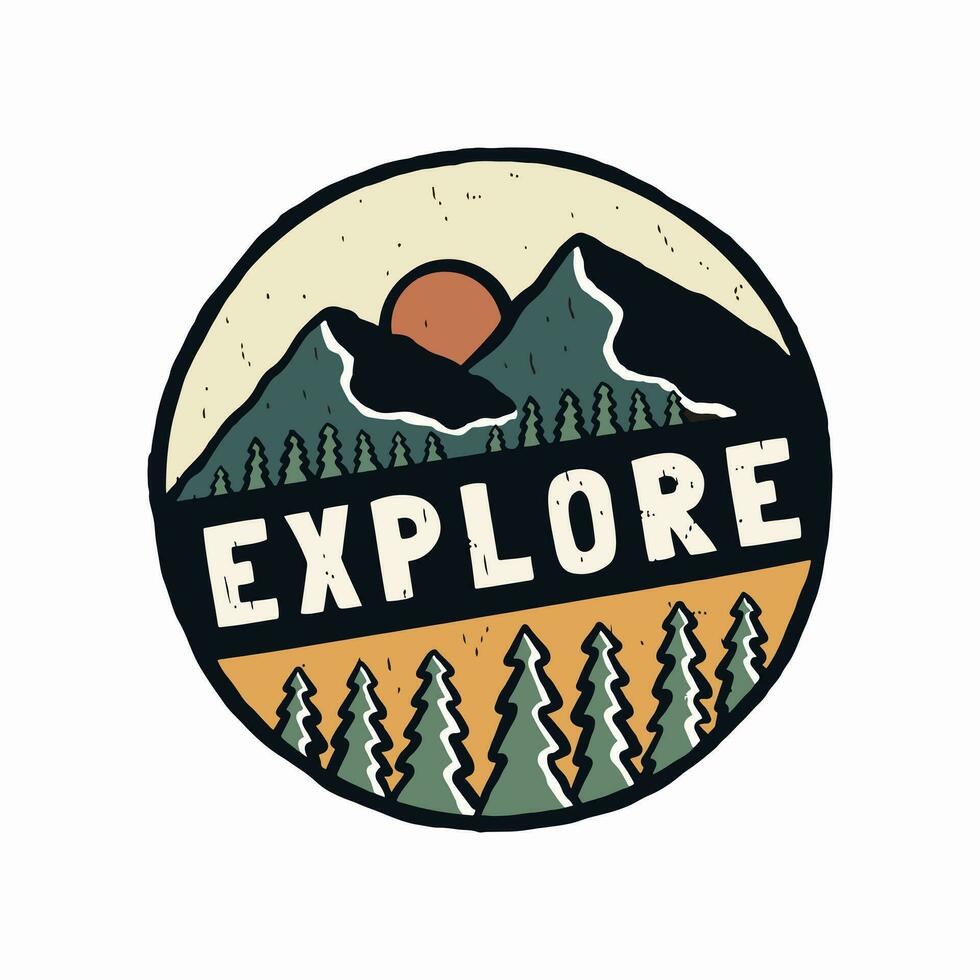 Vintage badge with explore letter in the middle. Nature mountain vector t shirt art