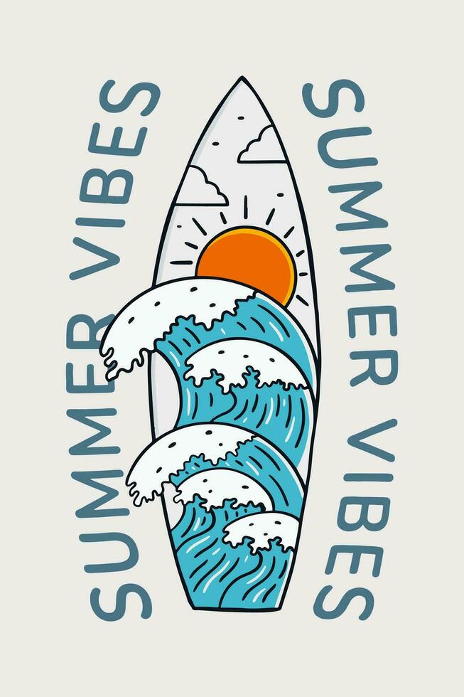 summer vibes vector theme art. vector illustration of the wave inside the surfboard shape. design for t shirt sticker and other