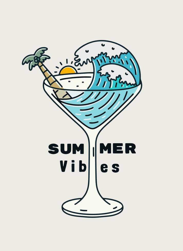 A Illustration of the wave and coconut tree inside of cocktail high glass. summer time theme vector art. design for t-shirt, badge, and sticker vector illustration