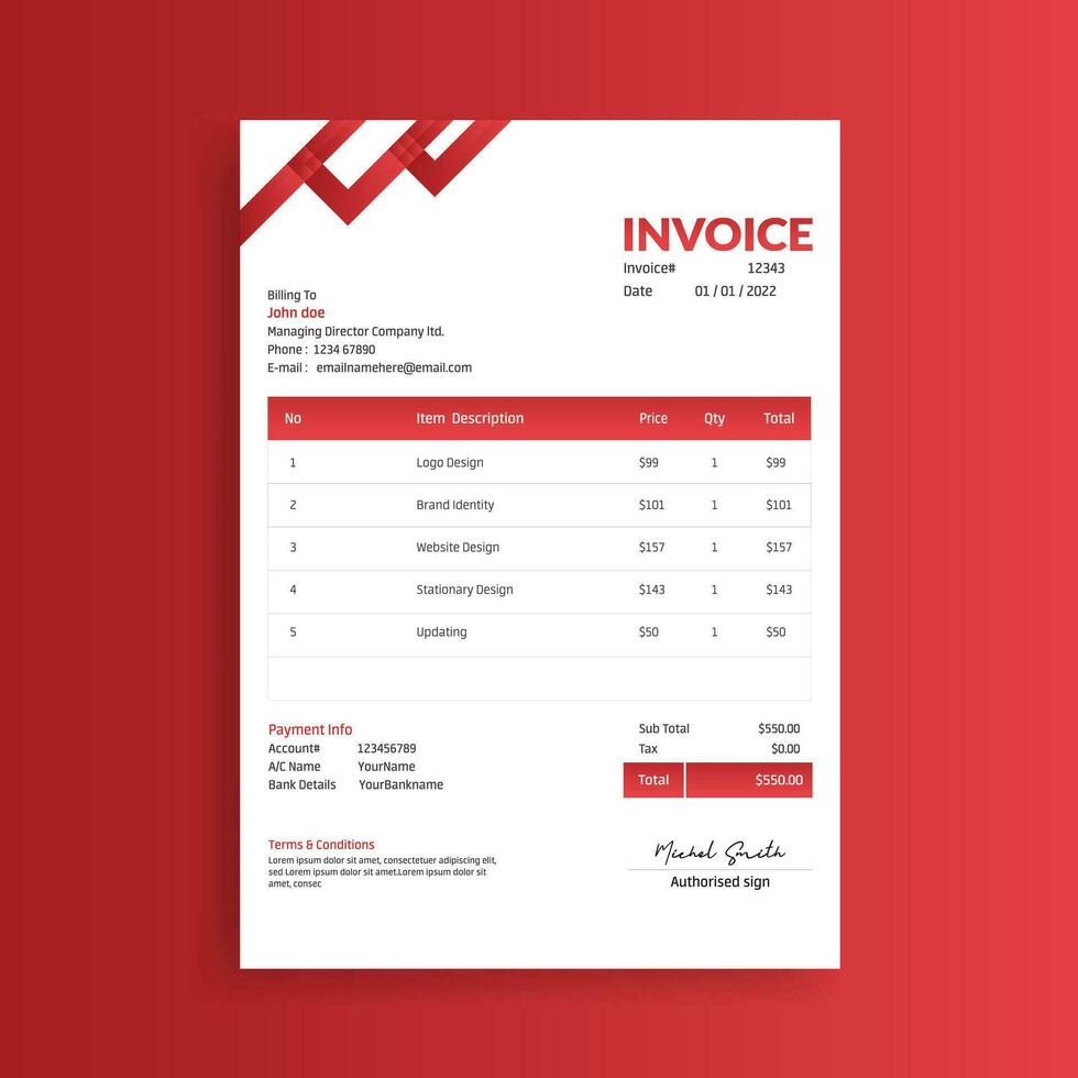 Minimal Red Invoice Design Template vector