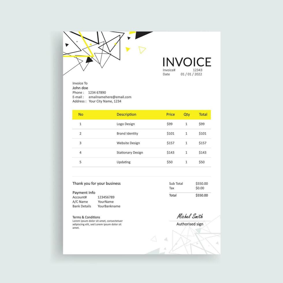 Yellow Color Modern Invoice Design Template vector