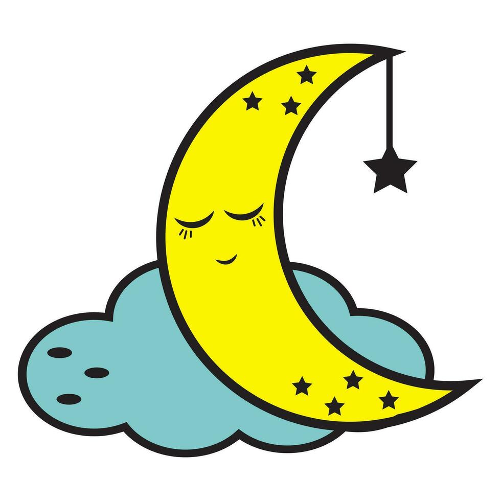 Colored sleeping moon on a cloud, vector illustration in cartoon style