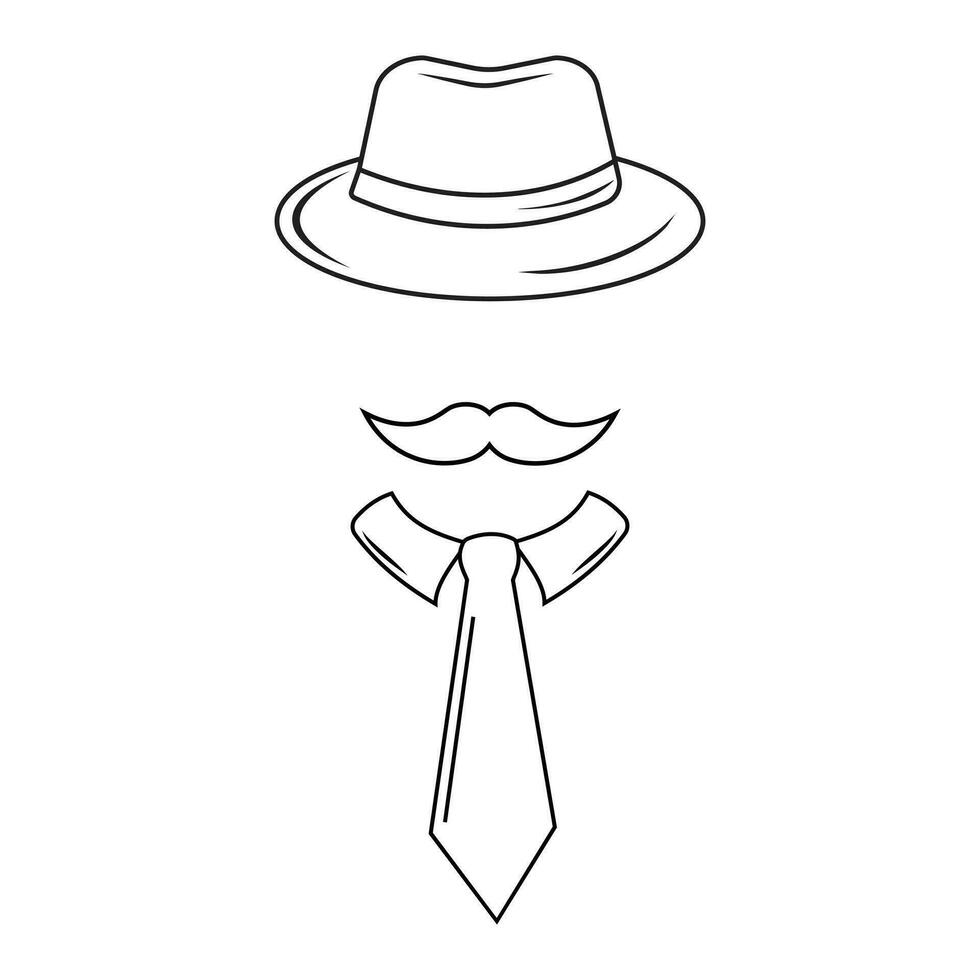 Silhouette of a man in a hat with a mustache and glasses, with a tie, vector illustration in the style of a doodle, contour