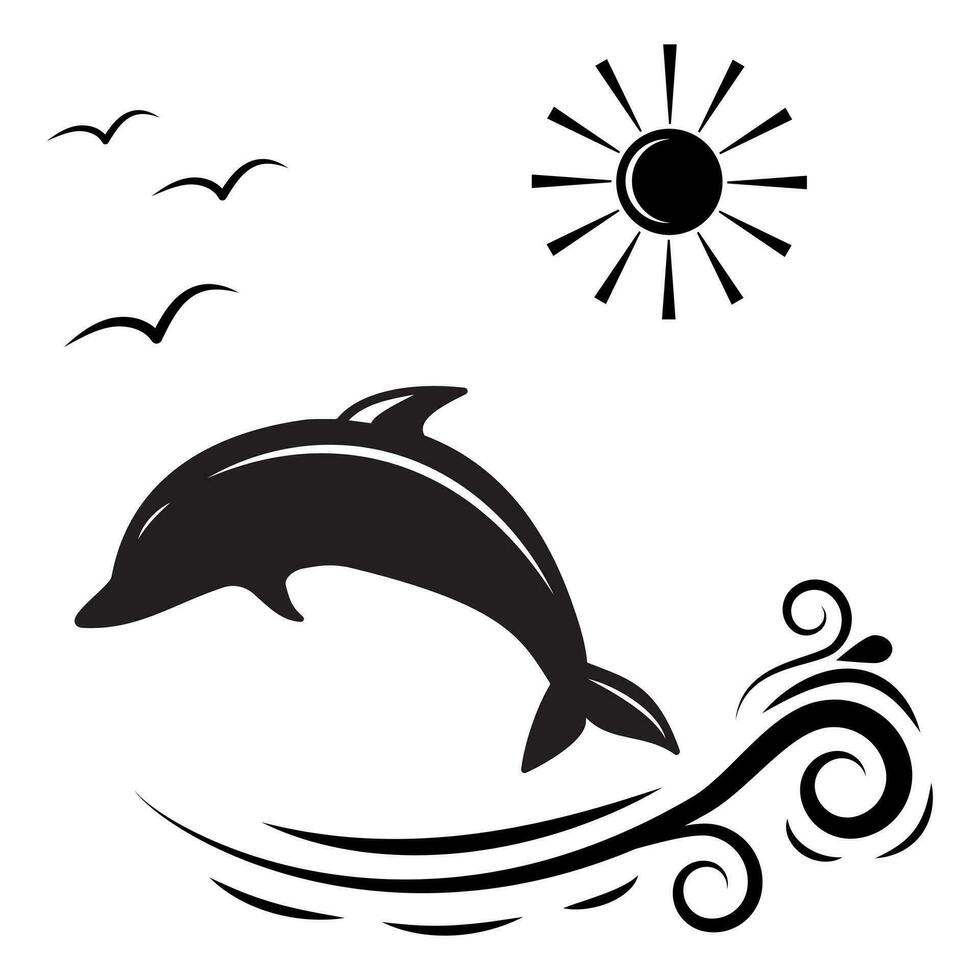 Black and white vector illustration of dolphin jumping on the wave. Monochrome dolphin isolated on white background. Logo template