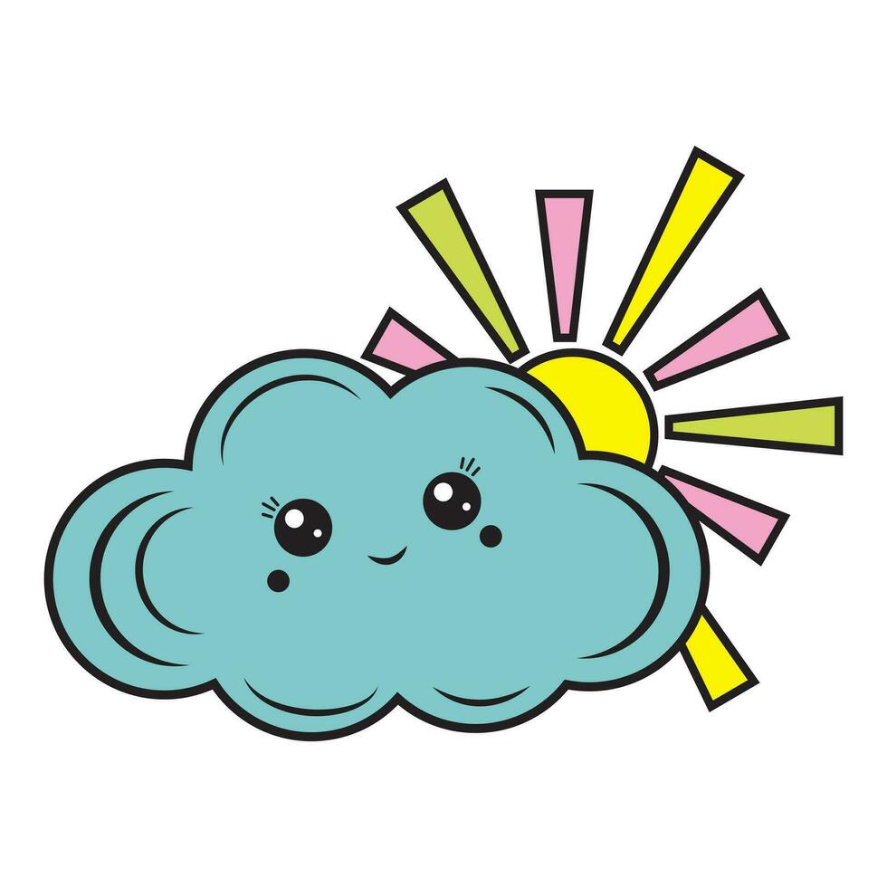 The symbol of the sun behind the kawaii cloud in cartoon style, isolated vector